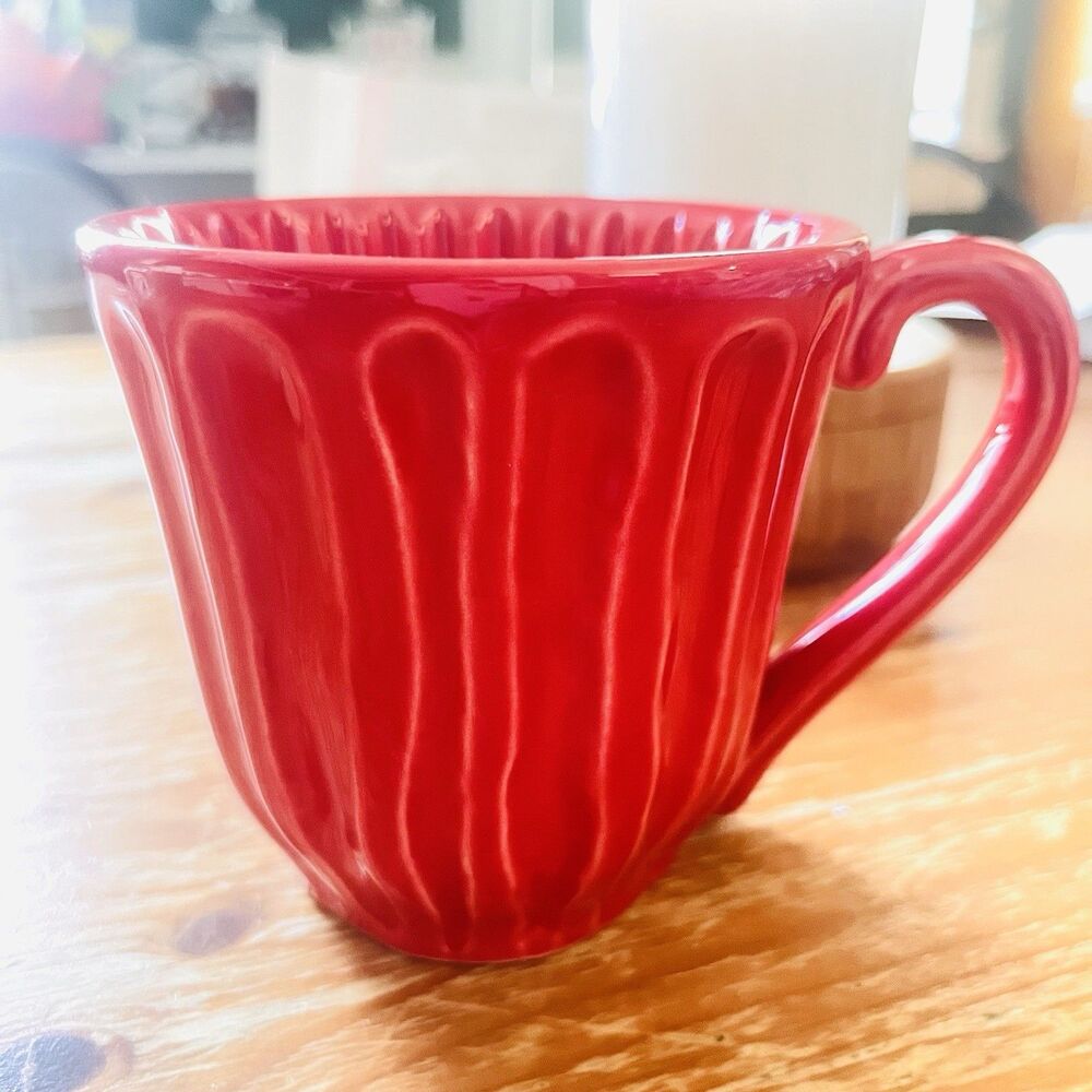 Starbucks Coffee Mug / Cup Red Fluted and Ribbed 14 ounce Made in Portugal